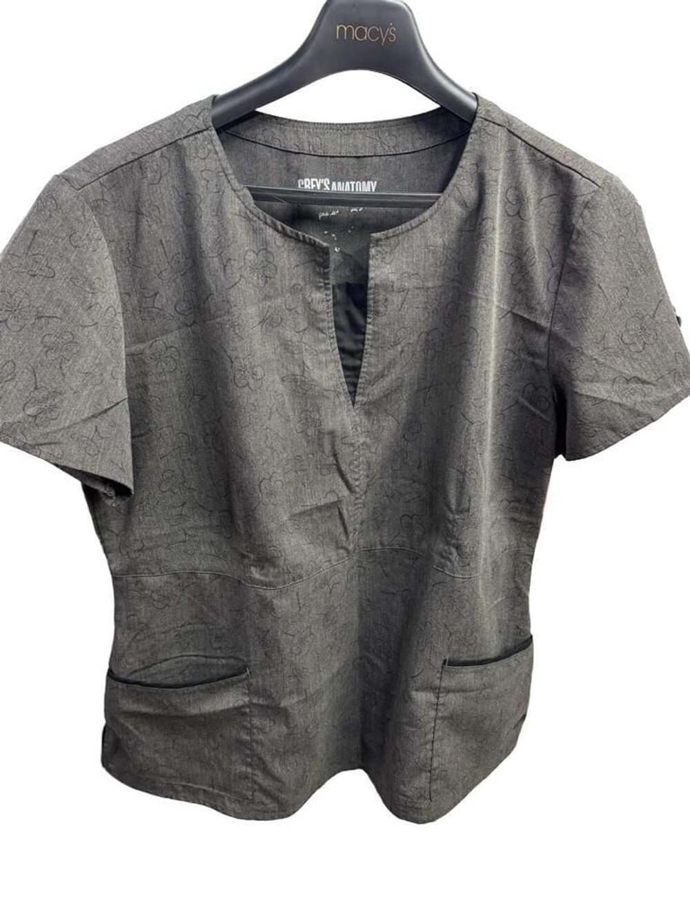 Grey's Anatomy Scrub Top Size XL Gray Floral Print V-Neck Medical